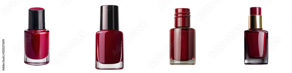 Close up shot of luxury burgundy nail polish bottles displayed on a white background showcasing the high end sophisticated and elegant nature of premium cosmetic and manicure products The glossy Close up shot of luxury burgundy nail polish bottles displayed on a white background showcasing the high end sophisticated and elegant nature of premium cosmetic and manicure products The glossy