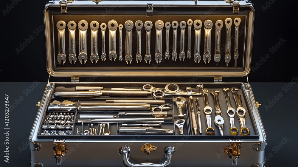 A sparkling clean toolbox with a full set of tools displayed neatly A sparkling clean toolbox with a full set of tools displayed neatly