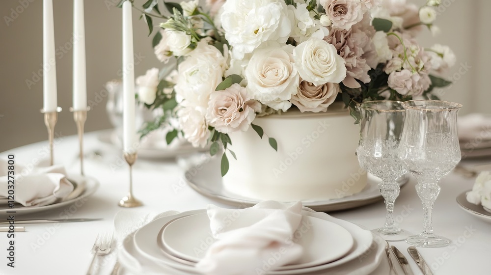 A sparkling dining table set with white dishes, linen napkins, and fresh flowers A sparkling dining table set with white dishes, linen napkins, and fresh flowers