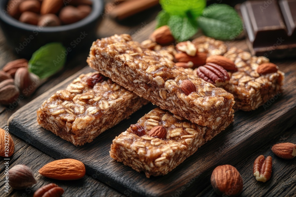 Healthy Homemade Granola Bars with Nuts and Chocolate on Wooden Board Healthy Homemade Granola Bars with Nuts and Chocolate on Wooden Board