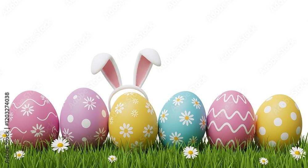 Easter bunny ears with easter eggs on meadow with flowers background banner transparent
Easter bunny ears with easter eggs on meadow with flowers background banner transparent