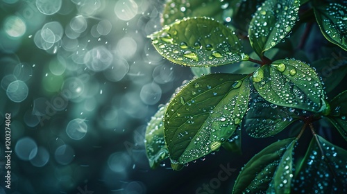 Dew-covered leaves with light bubbles and bokeh, photorealistic and minimal style