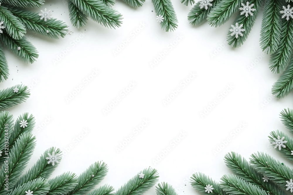 clean white background with green pine branches frosty snowflakes clean white background with green pine branches frosty snowflakes