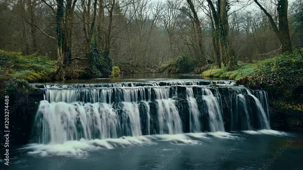 Discovering a tranquil waterfall in a serene forest setting surrounded by lush greenery Discovering a tranquil waterfall in a serene forest setting surrounded by lush greenery