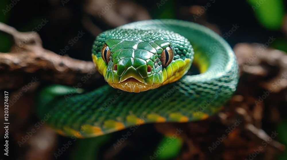 Green snake coiled on branch, rainforest, close-up, nature photography, wildlife Green snake coiled on branch, rainforest, close-up, nature photography, wildlife