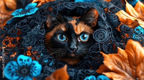 A cat surrounded by vibrant orange leaves and intricate blue lace. photo