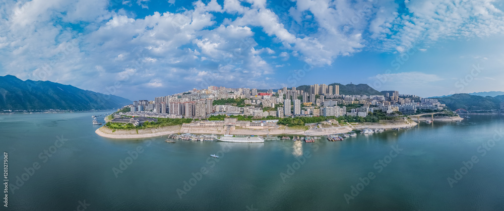 panoramic view of the Wushan county cityscape in early morning