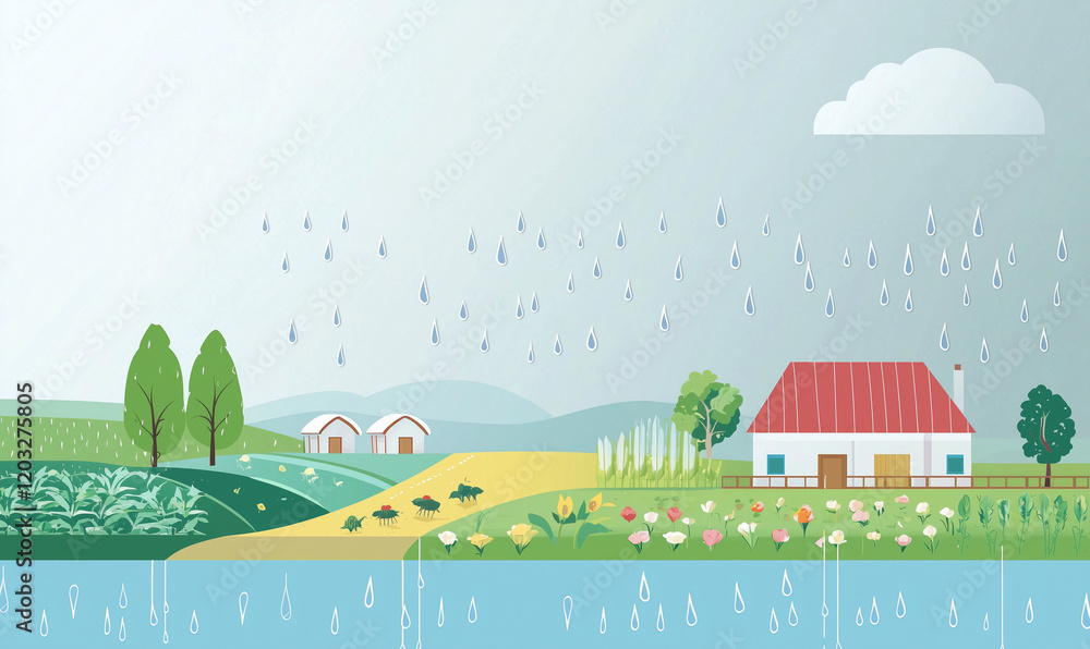 A serene countryside scene featuring a house, lush greenery, a winding path, and a calm water body under a cloudy sky. A serene countryside scene featuring a house, lush greenery, a winding path, and a calm water body under a cloudy sky.