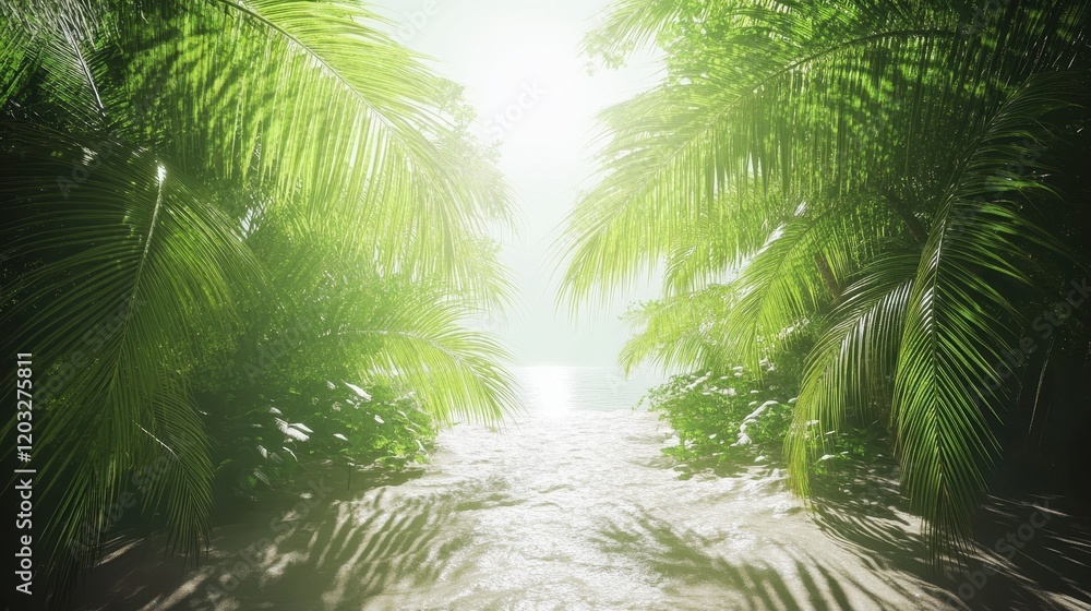 Naklejka premium Lush Tropical Paradise Beach Scene Sunlight