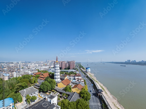 aerial view of Anqing cityscape with ancient pagoda, China photo