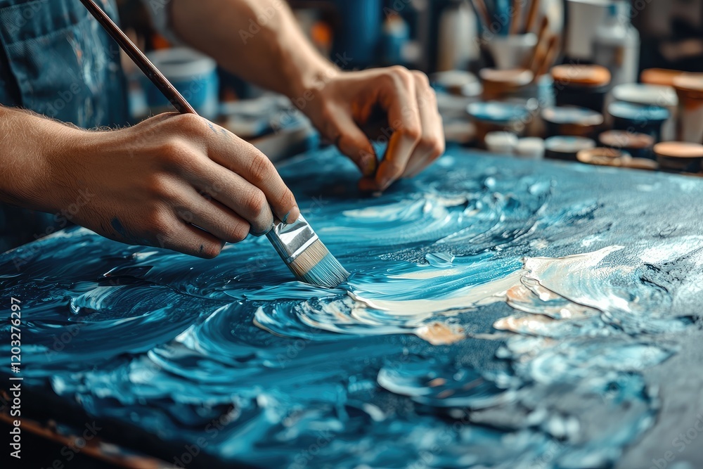 Obraz premium Artist Creating Abstract Blue Painting with Brush Strokes in Studio