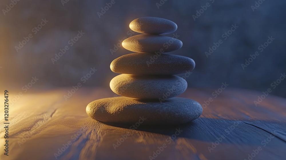 Obraz premium A stack of smooth river stones balanced on a wooden surface with soft lighting