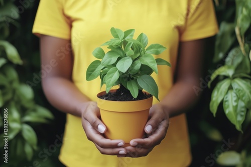A pot with a houseplant, close-up, in the hands of a young girl. A gardener or florist holds a pot with a plant in his hands.