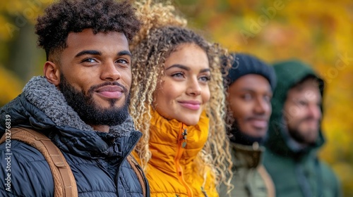 Friends hiking autumn forest, enjoying nature's beauty