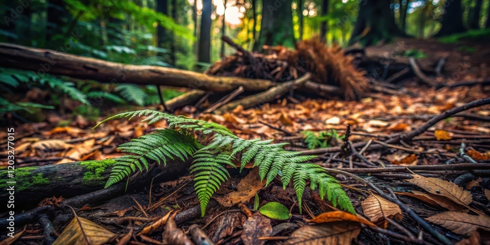 Obraz premium Dark forest floor with fallen branches and ferns in shades of green and brown, decayed wood