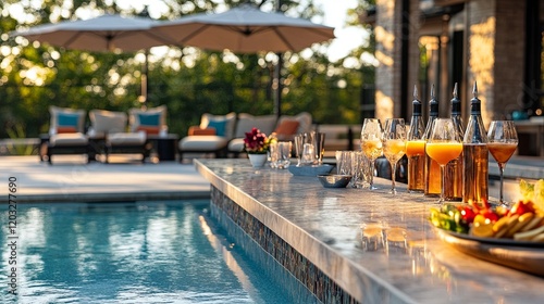 Wallpaper Mural A stylish poolside bar with cocktails, appetizers, and soft music playing in the background Torontodigital.ca