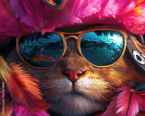 A stylish cat with sunglasses and colorful feathers looking cool. photo