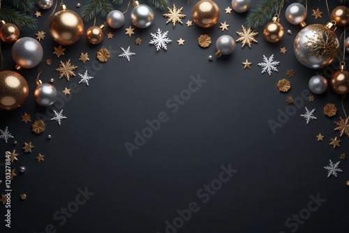 deep rich dark gray background with silver gold ornaments snowflakes