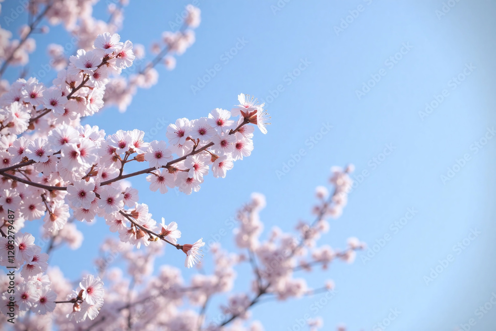 cherry blossoms blooming in clusters against clear blue sky cherry blossoms blooming in clusters against clear blue sky