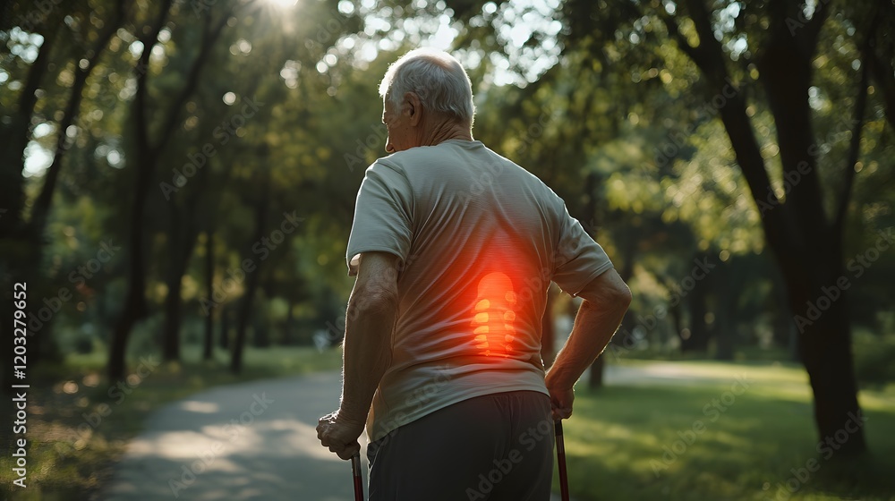 Fototapeta premium Elderly man with walking stick pausing in a park surrounded by trees during golden hour