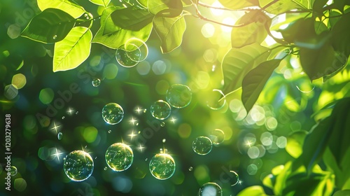 Natural light bubbles and bokeh with leaves, photorealistic and minimal style