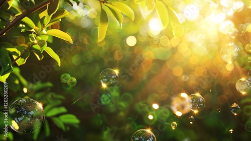 Sparkling light bubbles among tree leaves, photorealistic and minimal style