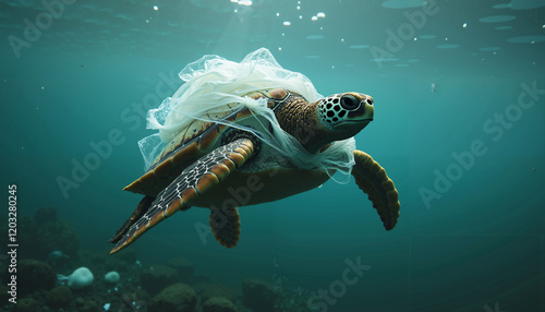 Sea Turtle Entangled in Plastic Bag Ocean Pollution Wildlife Crisis Image