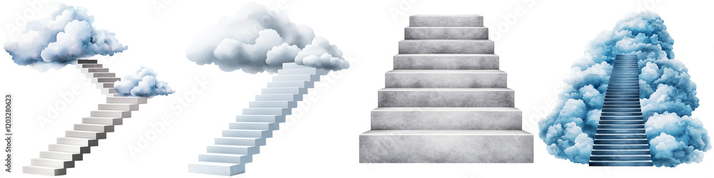 Passion motivation and excitement, Four sets of stairs made of clouds and stone, leading upward, creating a whimsical and surreal atmosphere. Passion motivation and excitement, Four sets of stairs made of clouds and stone, leading upward, creating a whimsical and surreal atmosphere.