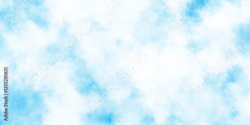 soft and cloudy white clouds on blue background, soft and blurry blue cloudy sky, Light blue watercolor paper texture background with splashes, cloudy and soft sky blue blurred and grainy Blue powder.