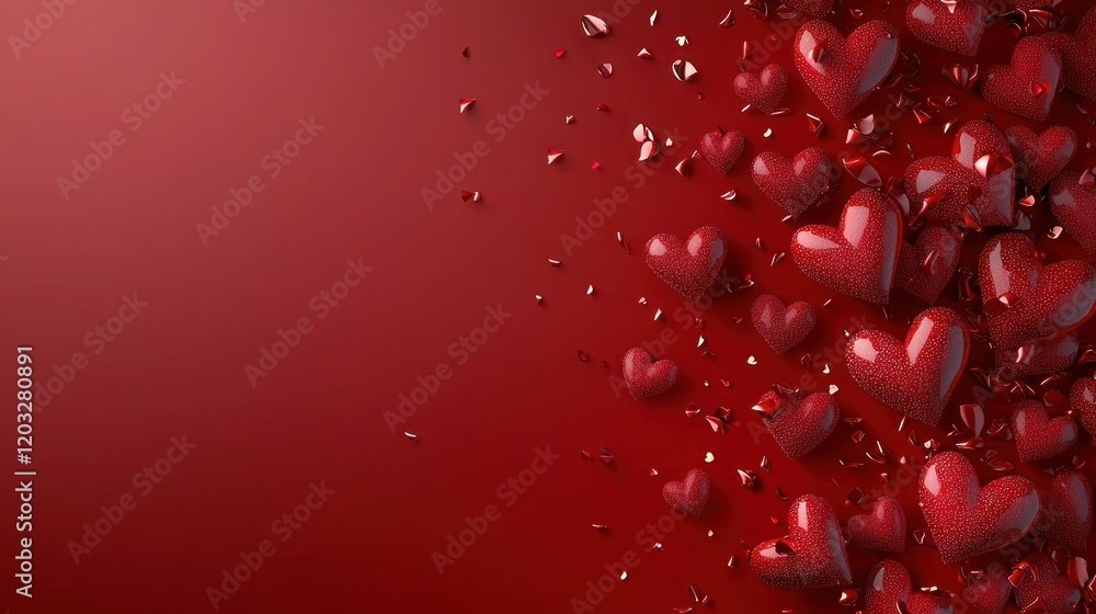 Red hearts scattered on red backdrop with confetti, Valentine's Day theme Red hearts scattered on red backdrop with confetti, Valentine's Day theme
