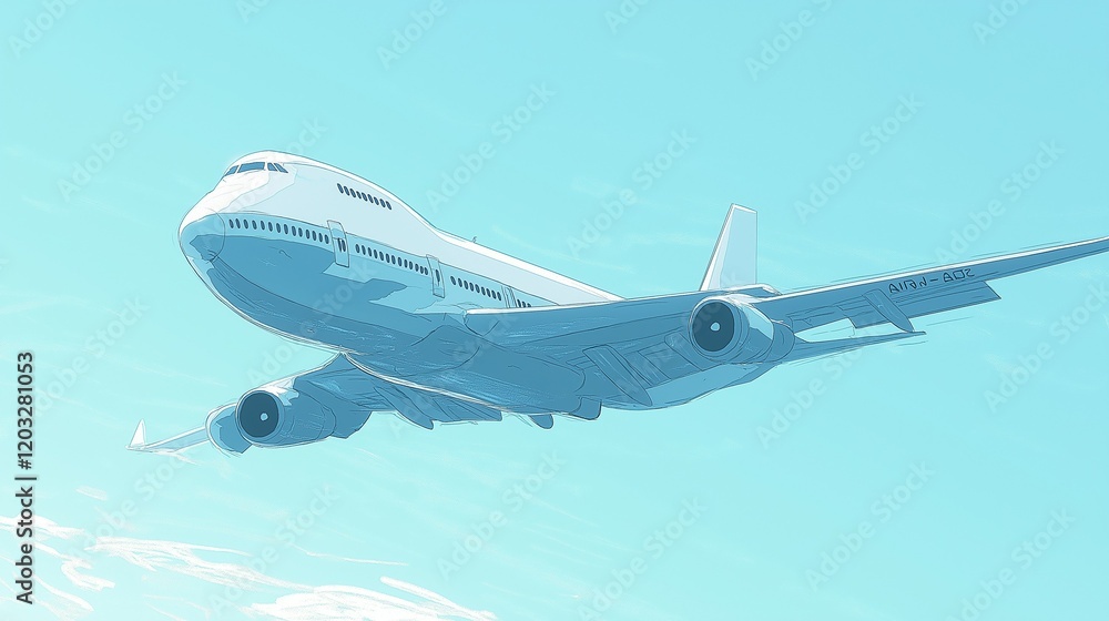 Illustration of a Detailed Passenger Airplane Flying Overhead with a Light Blue Sky Background, Airplane Soaring Through a Clear Light Blue Sky, Airplane photo Against a Clean Light Blue Gradient Sky Illustration of a Detailed Passenger Airplane Flying Overhead with a Light Blue Sky Background, Airplane Soaring Through a Clear Light Blue Sky, Airplane photo Against a Clean Light Blue Gradient Sky