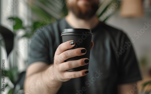 Man with black polished nails holding biodegradable cup. Compostable, eco friendly materials concept, earth friendly, zero waste, plant based, recyclable, biologic, biodegrade, non toxic biobase photo