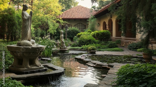 A tranquil monastery garden with meditative sculptures and soothing water features.