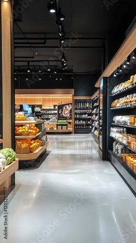 Modern grocery store interior, produce, baked goods, shelves.