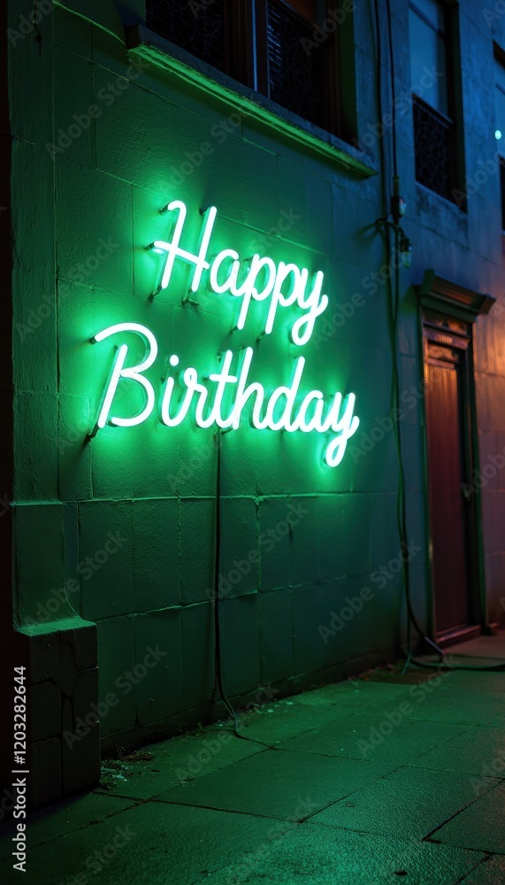 Naklejka premium Happy Birthday written in a glowing green and blue neon style, radiating against a dark urban alley wall.