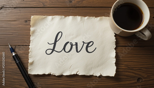 Style empreint de dignité et d'affection. Manuellement inscrire le mot « Love » sur une feuille de papier, tout en ayant une tasse de café à côté.- photo