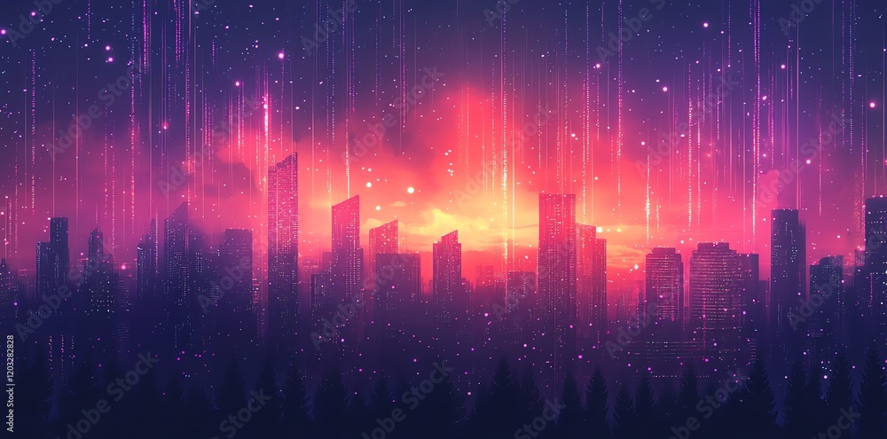 Obraz premium Cityscape at Dusk: Pink and Purple Neon Glow