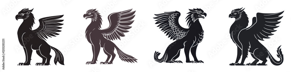 Set of powerful mythical creatures including griffon dragon and other winged beasts depicted in minimalist black and white silhouette These iconic fantasy symbols are perfect for use in logos Set of powerful mythical creatures including griffon dragon and other winged beasts depicted in minimalist black and white silhouette These iconic fantasy symbols are perfect for use in logos