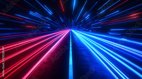 Fast-moving beams of red and blue light curve in a futuristic motion.