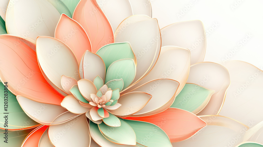 Abstract floral graphic with soft layered petals in shades of coral and cream, overlapping vibrant accents of green and gold, clean distinct lines