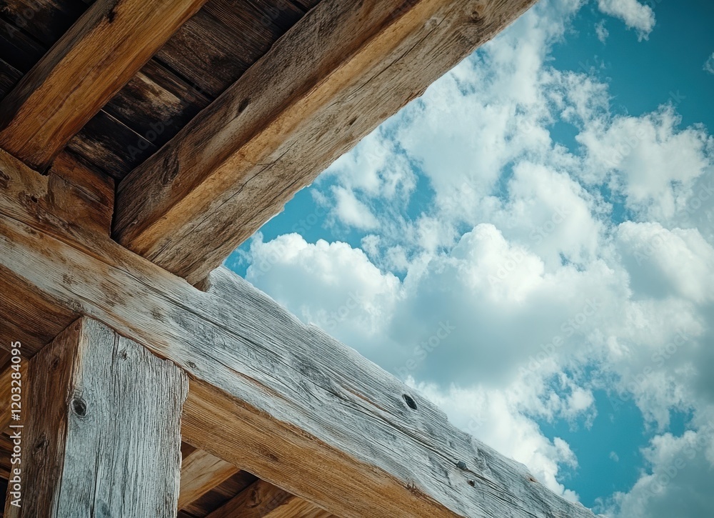 Rustic Wooden Beams Against a Bright Sky with White Clouds Creating an Inspiring Atmosphere for Nature and Architecture Photography Projects Rustic Wooden Beams Against a Bright Sky with White Clouds Creating an Inspiring Atmosphere for Nature and Architecture Photography Projects