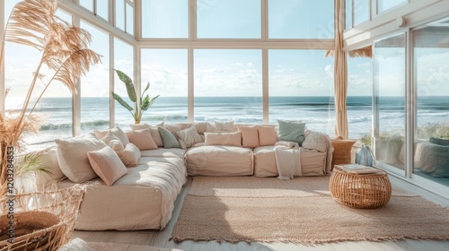 Spacious Beach Lounge with Ocean Views and Pastel Accents