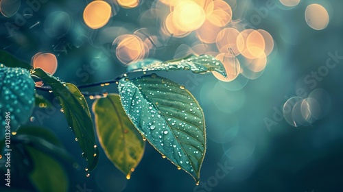 Close-up of leaves with bokeh and light bubbles, photorealistic and minimal style