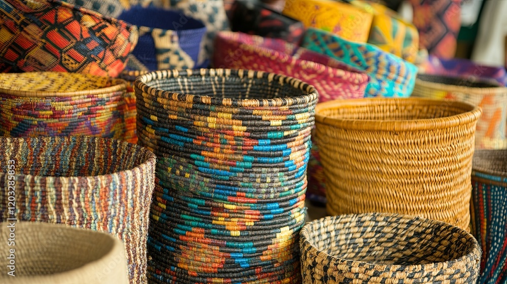 A vibrant market stall displaying handwoven baskets and colorful fabrics A vibrant market stall displaying handwoven baskets and colorful fabrics