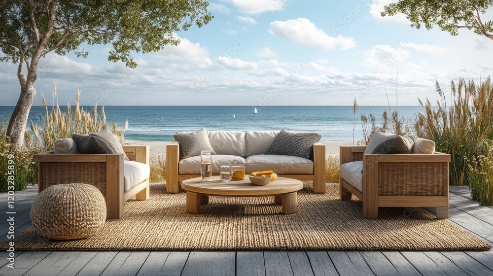 Obraz premium Scandinavian-Inspired Beach Lounge with Light Wood and Geometric Decor
