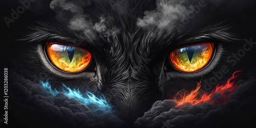 Demon eyes glowing colorful fire flame in eyes in cloud on solid dark background