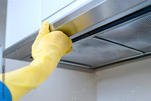 Cleaning the house. Washing kitchen hood, hand in glove clean aluminium filters. Clear extractor without fat