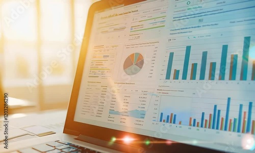 A sleek laptop displays vivid data visualizations and graphs, symbolizing analytics and business insights in a well-lit workspace.