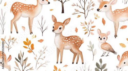 A whimsical illustration featuring adorable fawns and a bird in a pastel woodland setting, enriched with autumn leaves. photo