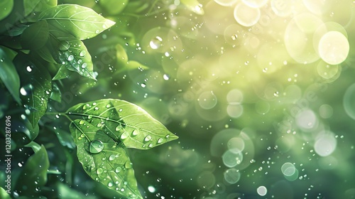 Dewy leaves with soft bokeh and light bubbles, photorealistic and minimal style